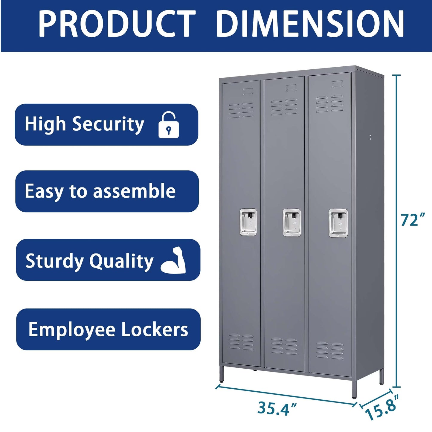 3-door gray metal lockers, 72 inches high, ideal for home gym, office, school, or garage organization, with high security locks.