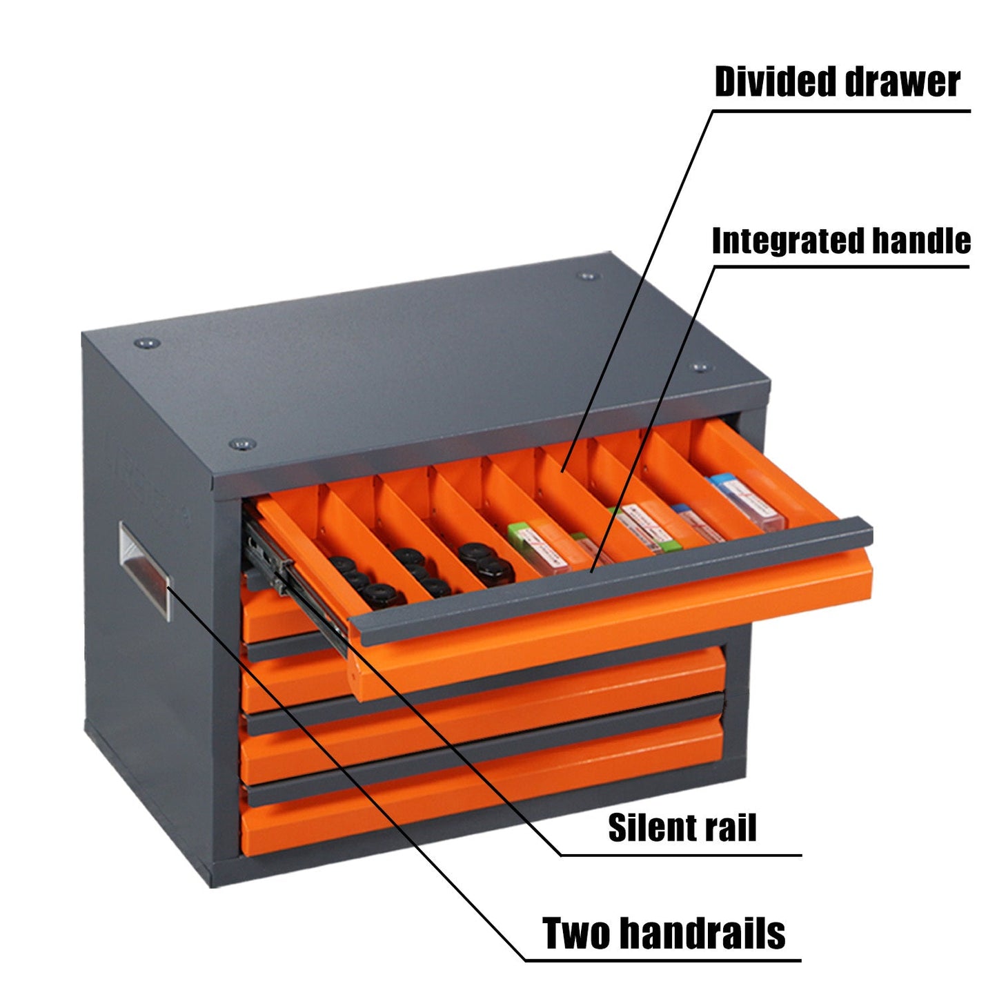 Metal-coated parts storage cabinet with divided drawers and integrated handles, shown in cement grey and orange, featuring a stackable design and silent rail system.