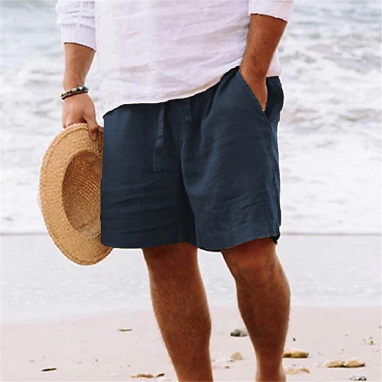 Men's shorts cotton hemp summer drawstring elastic waist straight legs Solid color comfortable breathable short daily beach