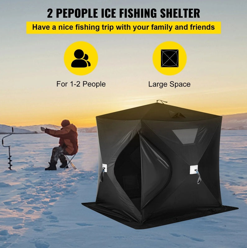 Portable insulated ice fishing shelter for 2-3 people on frozen lake background.