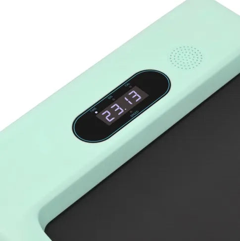 Under desk electric treadmill with LED display showing time.