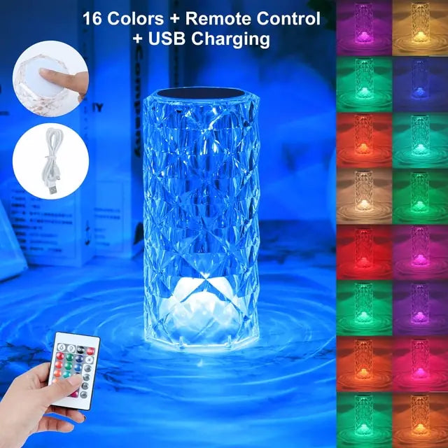 Crystal Atmosphere Table Lamp with 16 colors, touch control, and LED night light.