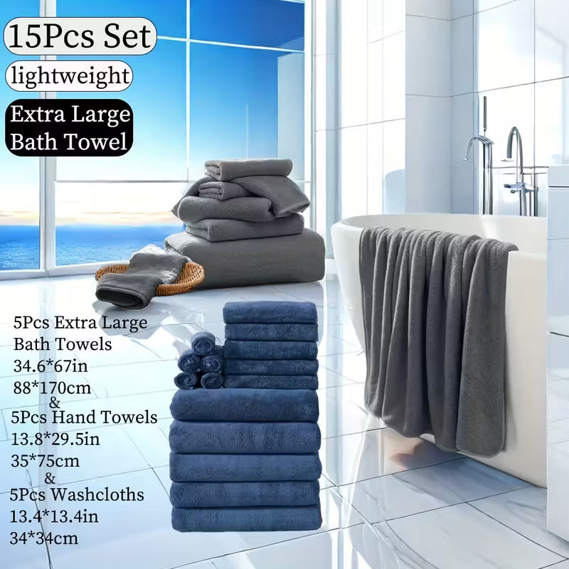 15pcs Bulk Bath & Hand Towel Set - Large 300GSM Microfiber Towels (5 Bath, 5 Hand, 5 Washcloths) - Heavy-Duty, Quick-Dry & Highly Absorbent for, Spa, Hotel - Multi-Color Options