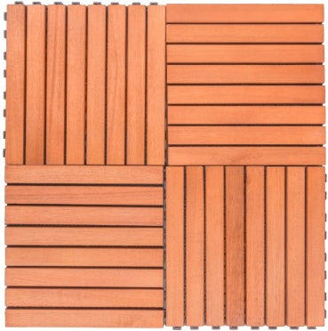 Wooden interlocking deck tiles with reddish-brown slats and plastic grid, easy installation.