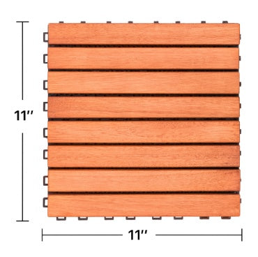 Wooden interlocking deck tile with eight slats, measuring 11x11 inches, natural eucalyptus wood.