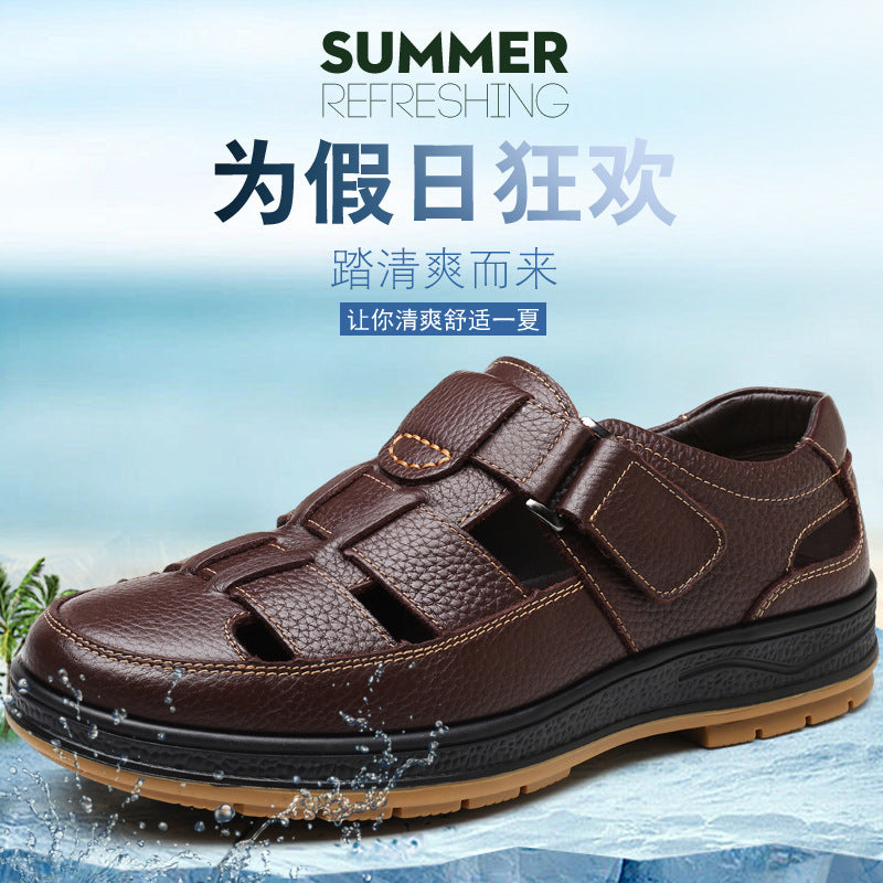 A pair of comfortable soft leather perforated cool sandals for men in summer