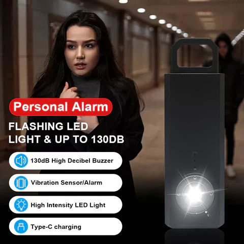 Personal Security Alarm with vibration sensor, 130dB buzzer, flashing LED light, and Type-C charging for home and personal safety.