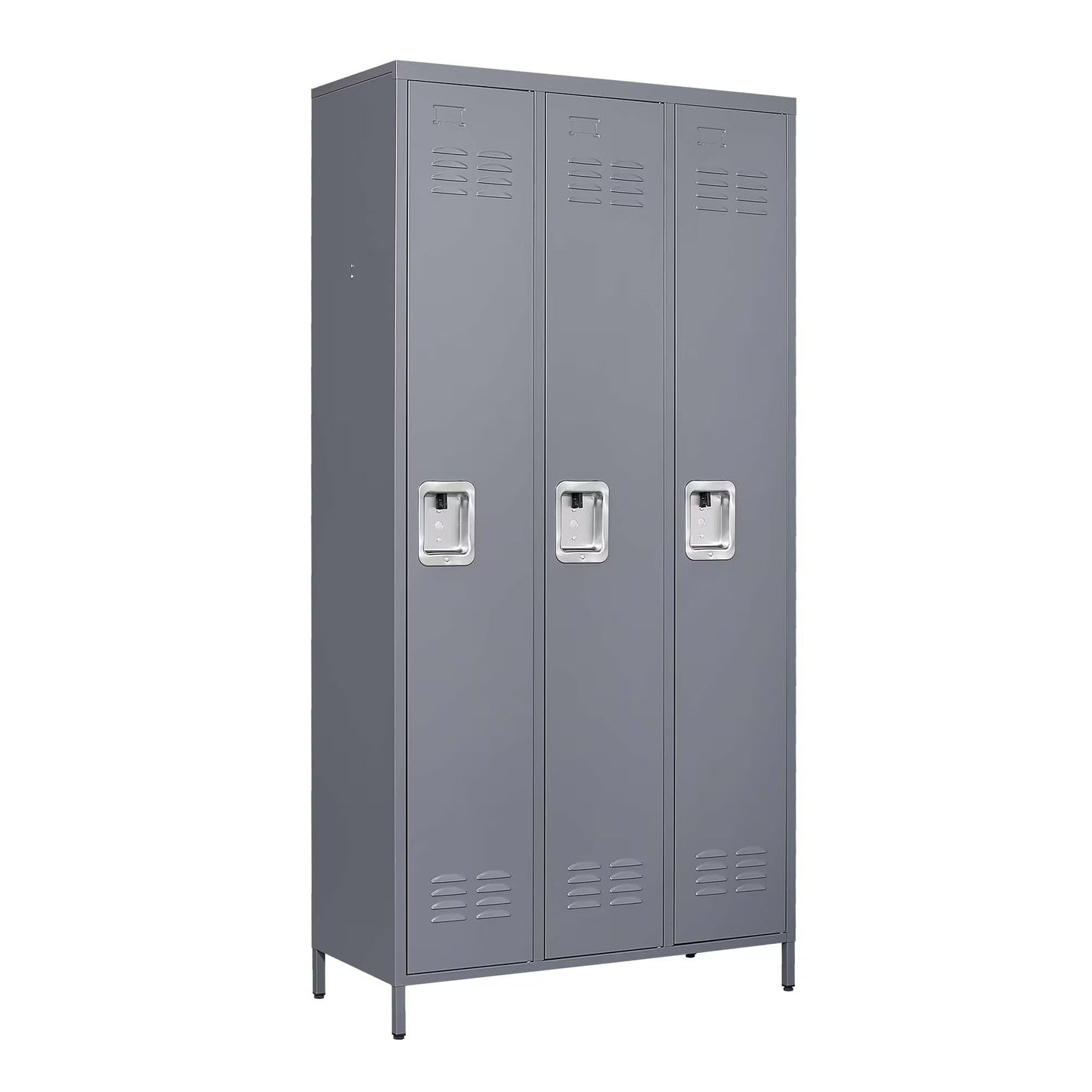 Gray 72-inch high metal lockers with locks, ideal for home, gym, office, school, or garage storage.
