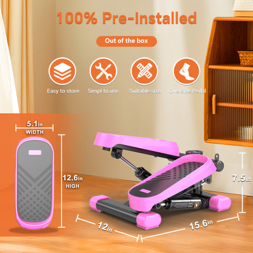 Home office exercise mini stepper with resistance bands, LCD monitor, and 330lbs capacity in pink.