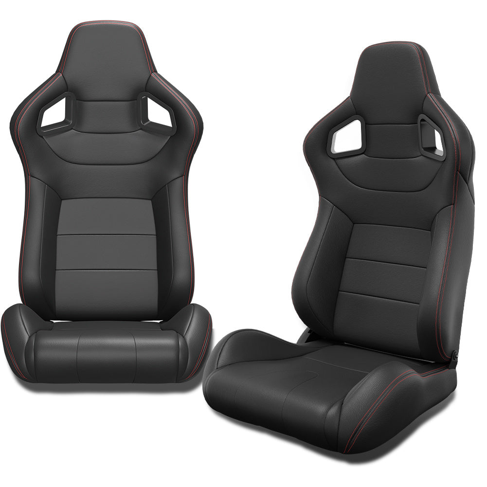 Universal bucket racing seats in black PVC leather with red stitching and carbon fiber exterior; ergonomic, adjustable design for comfort and style.