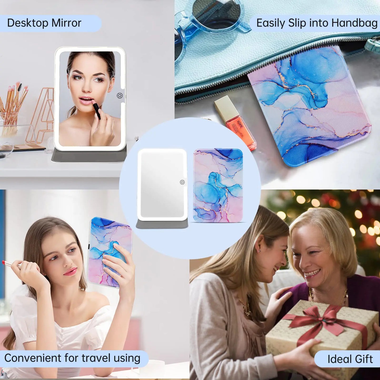 Rechargeable Travel Lighted Makeup Mirror with PU Leather Cover, Portable Travel Makeup Mirror with lights, 3 Color Lighting,Touch Sensor Dimmable, Light Up Tabletop Folding Cosmetic Mirror Colorful Colorful With Pu Cover