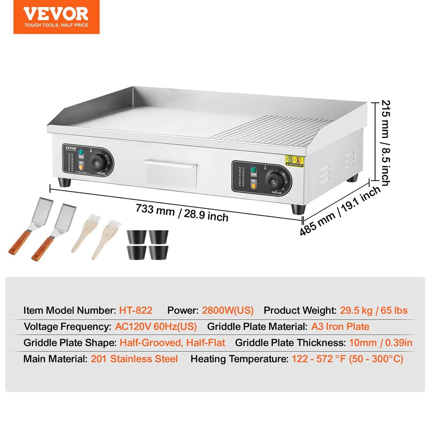 Commercial Electric Griddle, 2800W Countertop Half-Flat Top Grill, 122℉-572℉ Adjustable Temp, 28.74x15.75x0.39in Stainless Steel Griddle Grill with 2 Shovels and 2 Brushes for Home or Restaurant by Dropsure