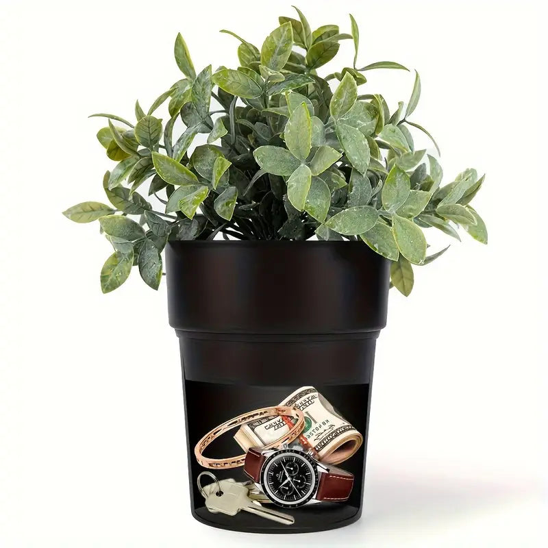 1pc Black Plastic Flower Pot with Secret Compartment & Key Hider - Waterproof, Durable Safe for Cash, Keys & Small Valuables, Non-Waterproof