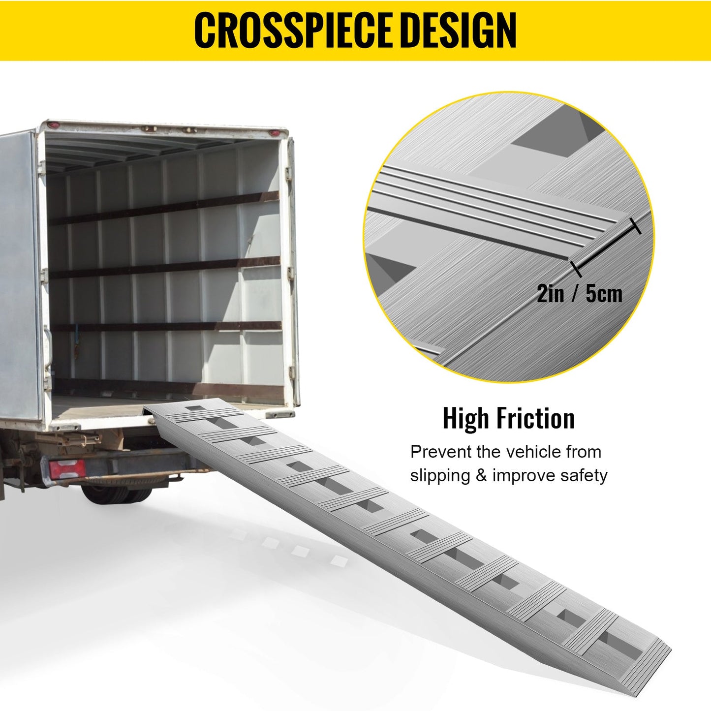 Aluminum trailer ramp with beavertail hook end, high-friction crosspiece design for safety, 6000 lbs capacity.