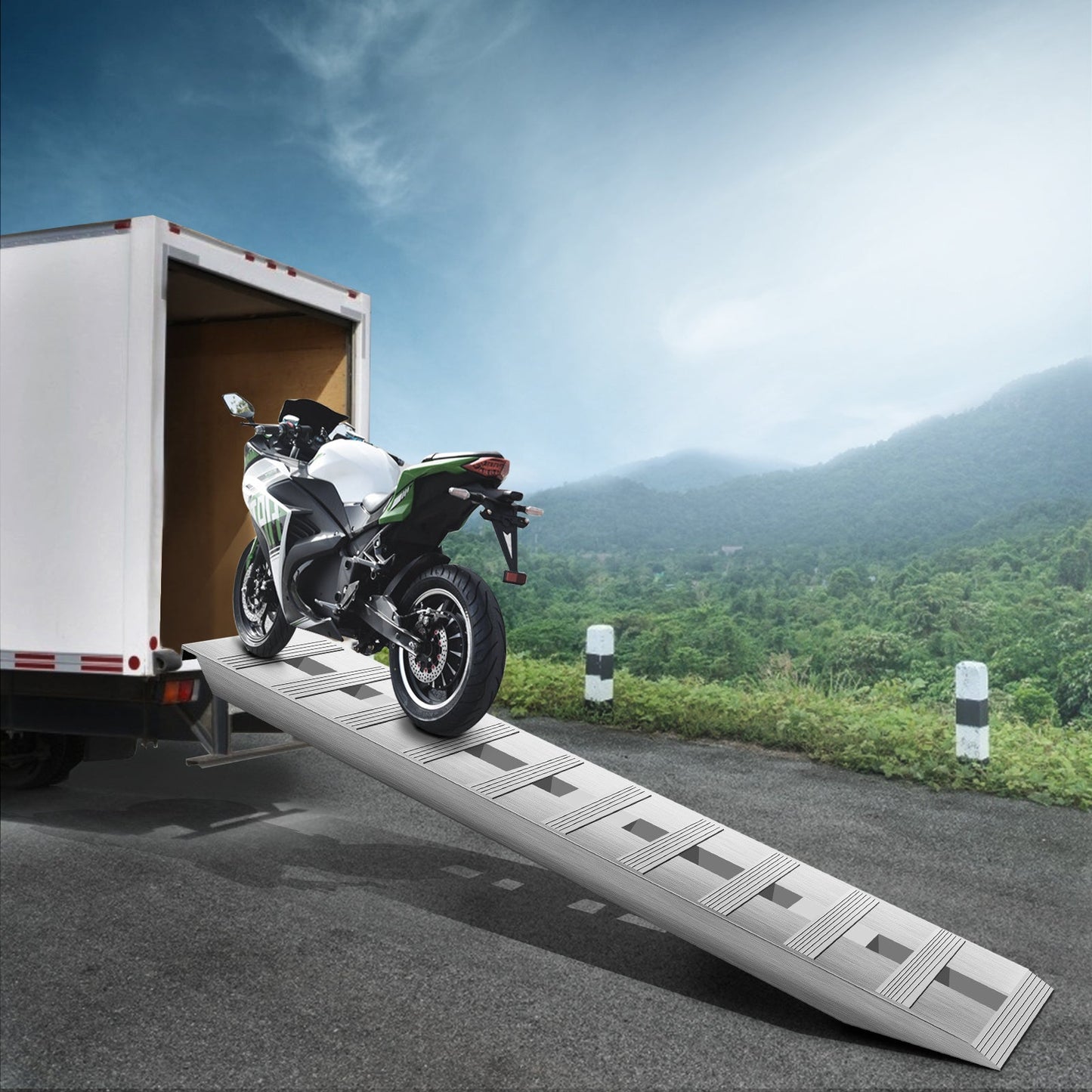 Aluminum trailer ramps for motorcycle loading, 6000 lbs capacity, beavertail hook end.
