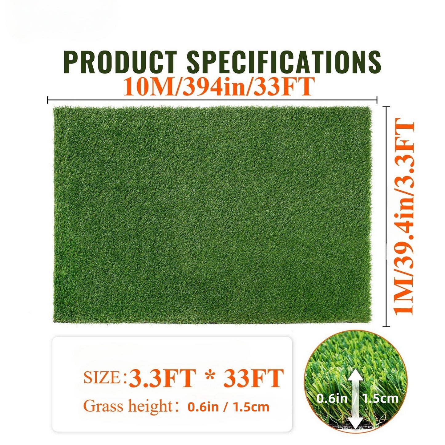 3ft x 32ft Premium Artificial Turf Mat with Drainage Holes. Thick Fake Grass with Rubber Backing, Ideal for Indoor/Outdoor Pet Areas, Garden, Lawn, Patio & Balcony Decor(Grass height 0.6 inches/1.5cm) by Dropsure