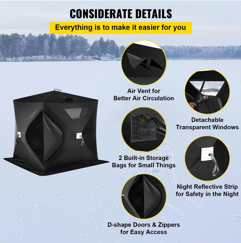 2-3 person pop-up insulated ice fishing shelter with features including air vent, detachable windows, storage bags, reflective strip, and D-shape doors.