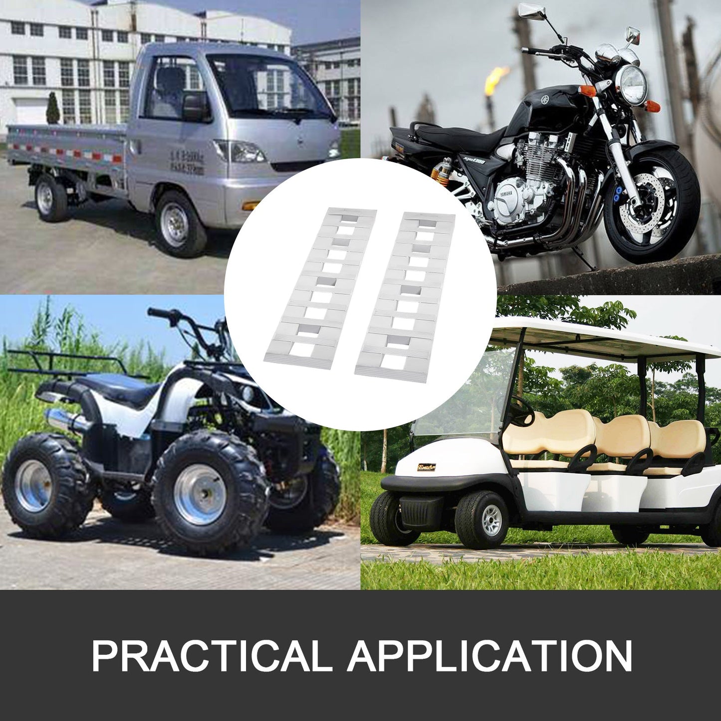 Aluminum trailer ramps for 6000 lbs capacity, featuring beavertail hook end, suitable for various vehicles.