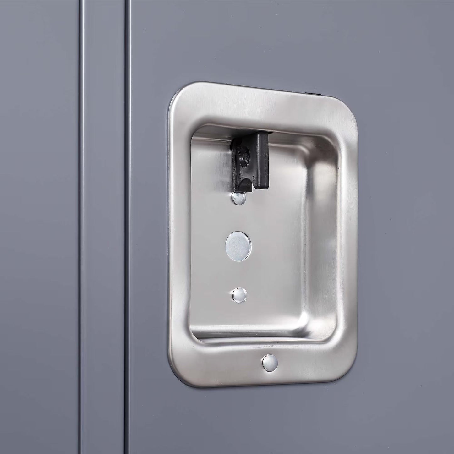 Gray metal locker handle with a secure lock, ideal for home, gym, office, school, or garage use, features 72-inch high locks.