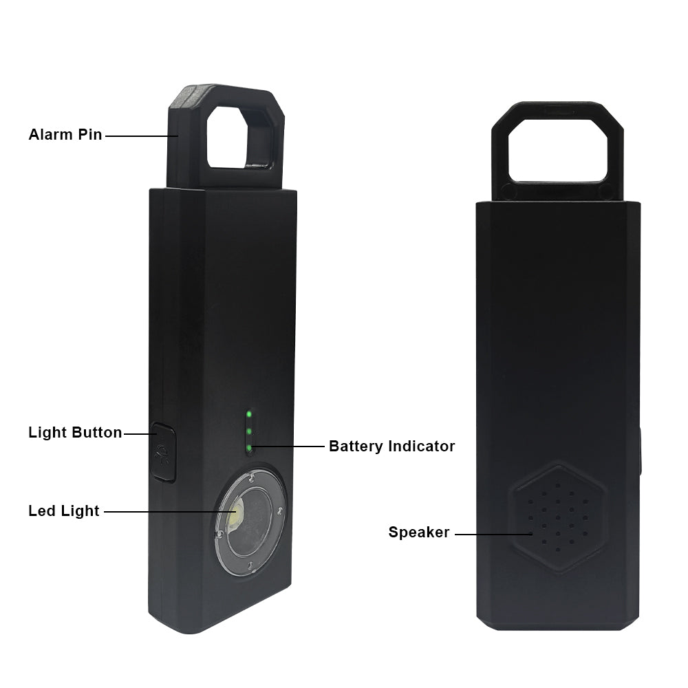 Antispier personal safety alarm attached to a hotel door handle in motion detection mode