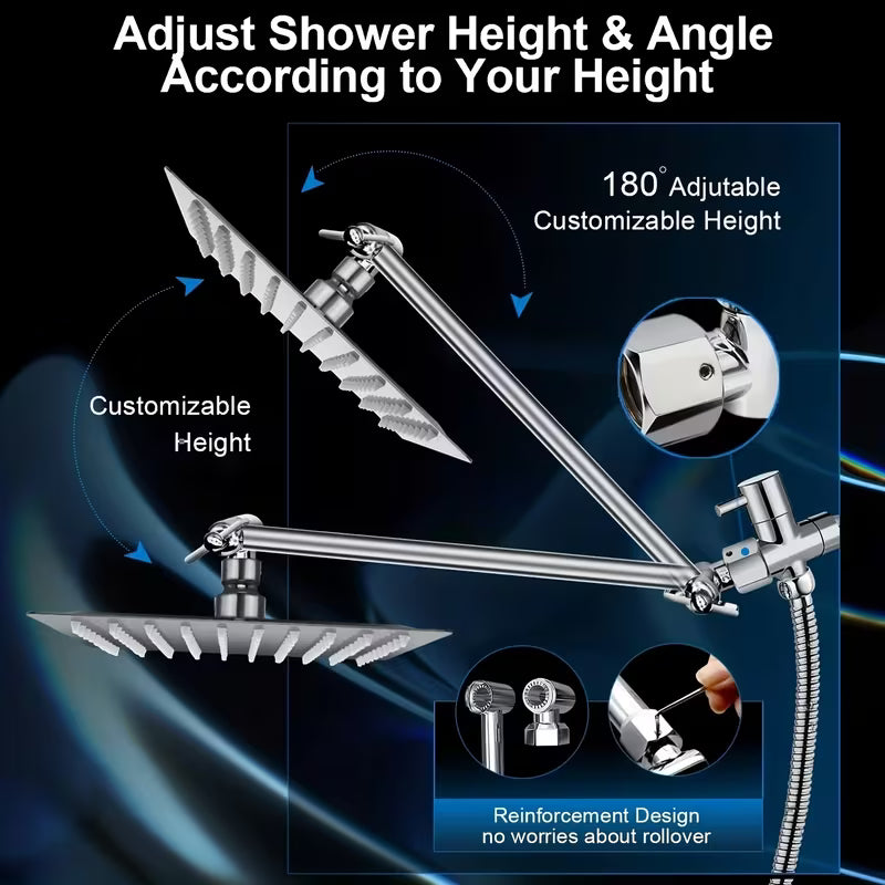 High-Pressure Shower Head with Handheld Spray - Combination Shower System, 9-Spray Settings (Rain & Handheld), Leak proof Shower heads with Flexible Hose & Bracket, Adjustable Height/Angle, Stainless Rainfall Shower head Suitable for Modern Bathrooms