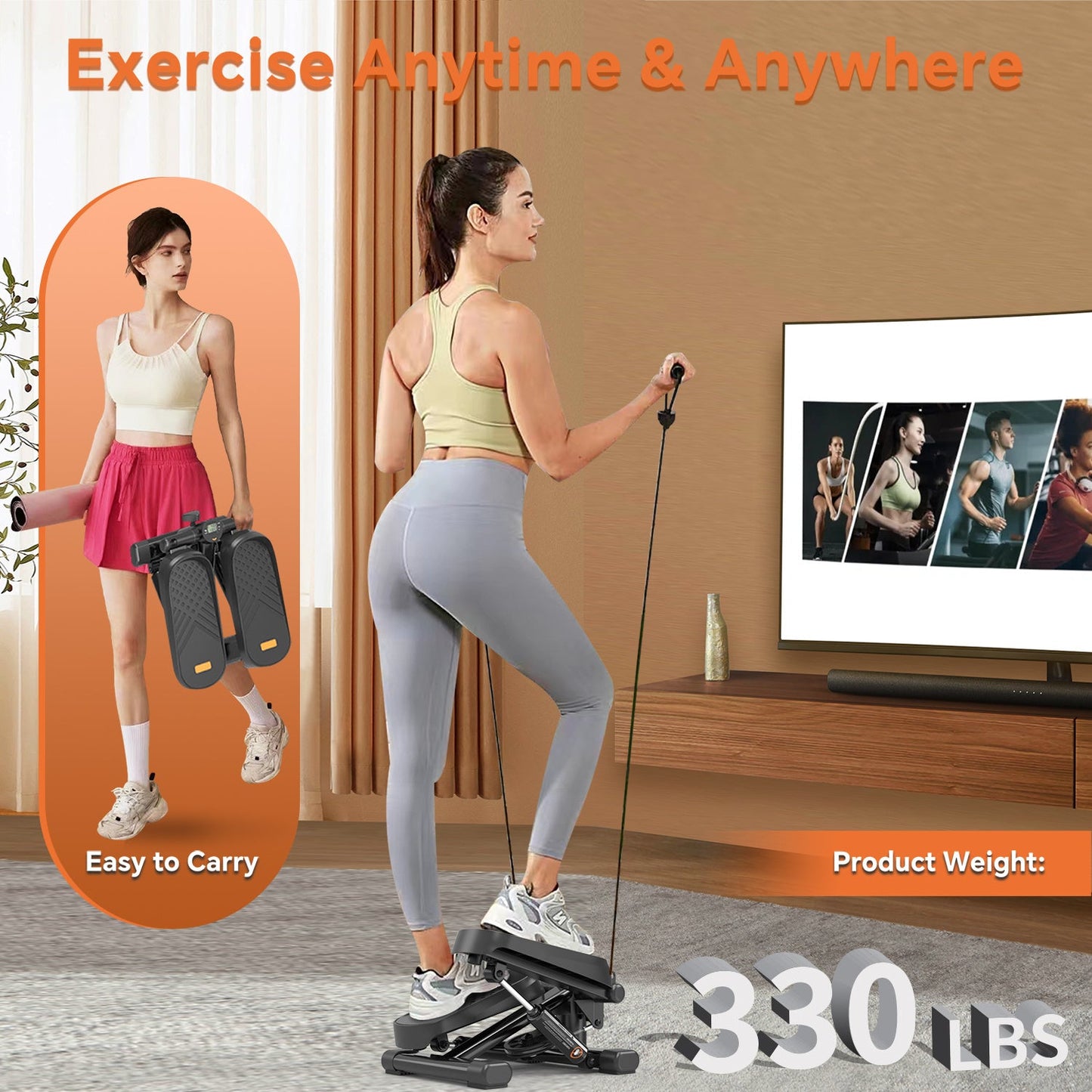 Home Office Exercise 330LBS Capacity Mini Stepper in use, showcasing portability and versatility for home workouts.