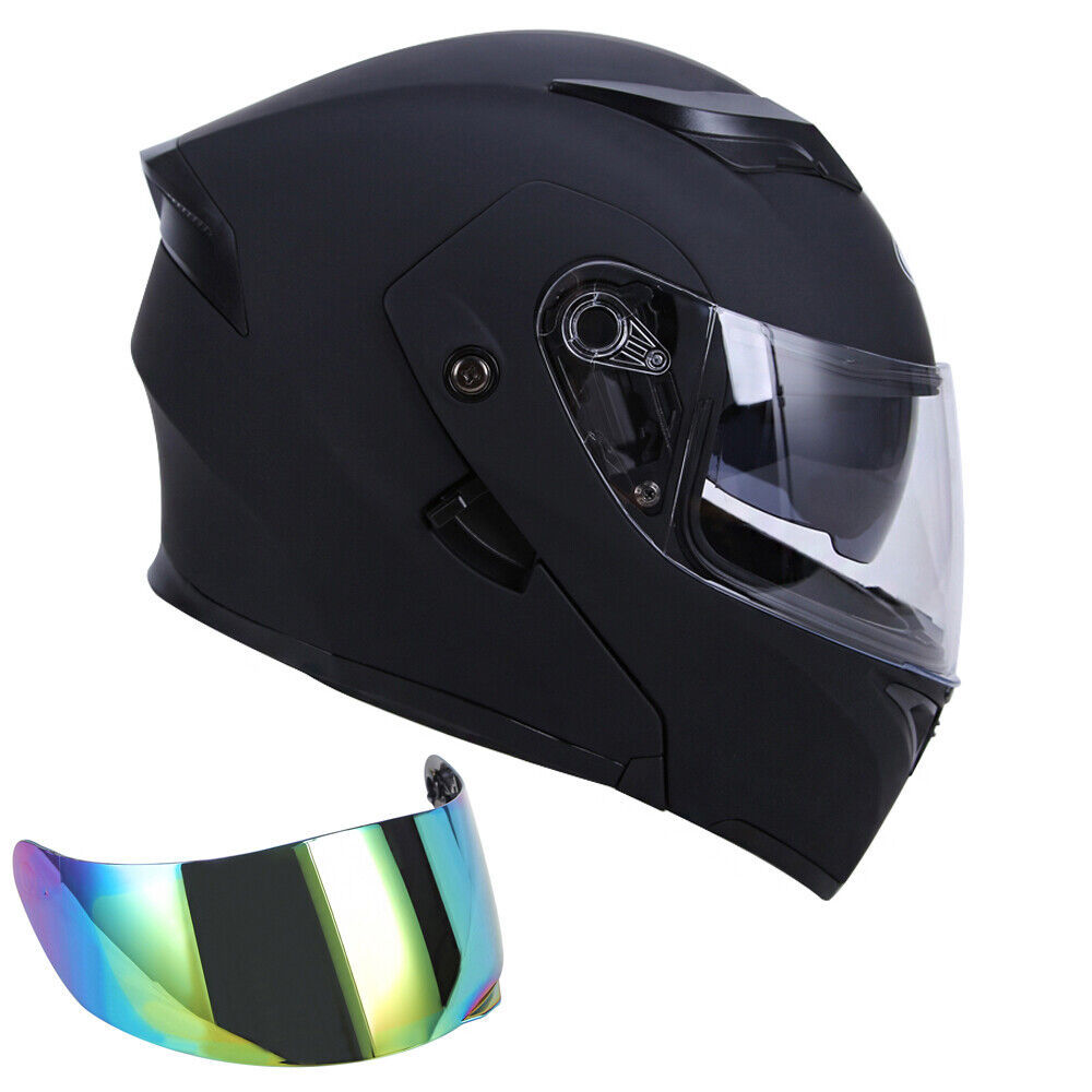 Full face dual visor flip-up modular motorcycle helmet with color lens and matte black finish.