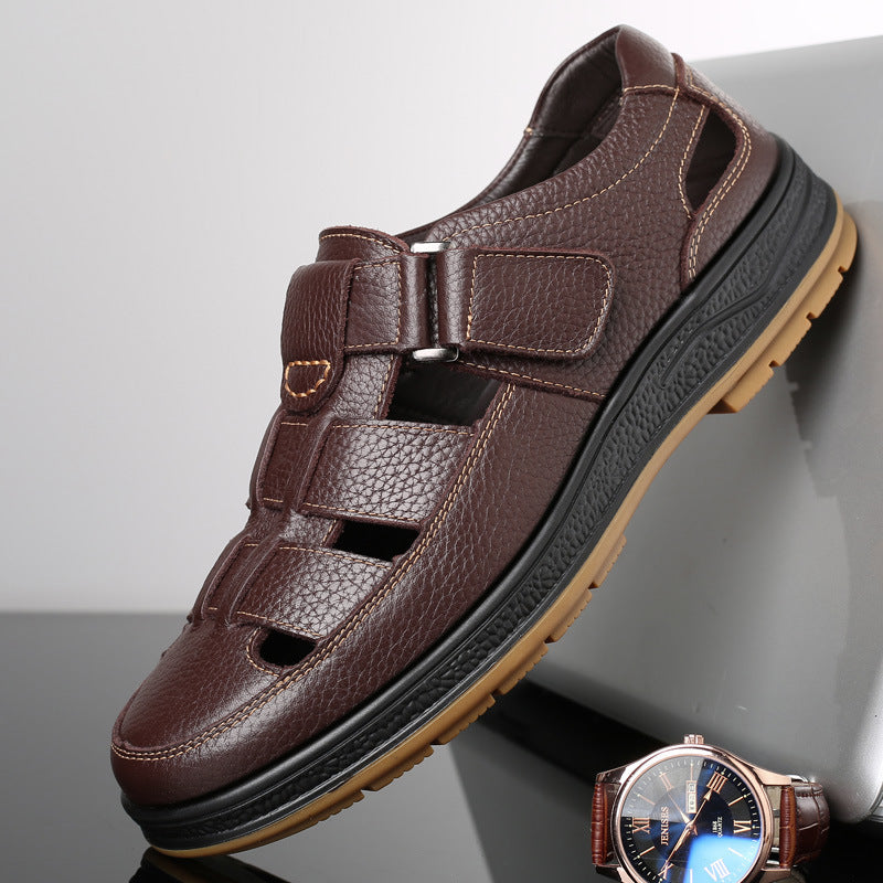 A pair of comfortable soft leather perforated cool sandals for men in summer