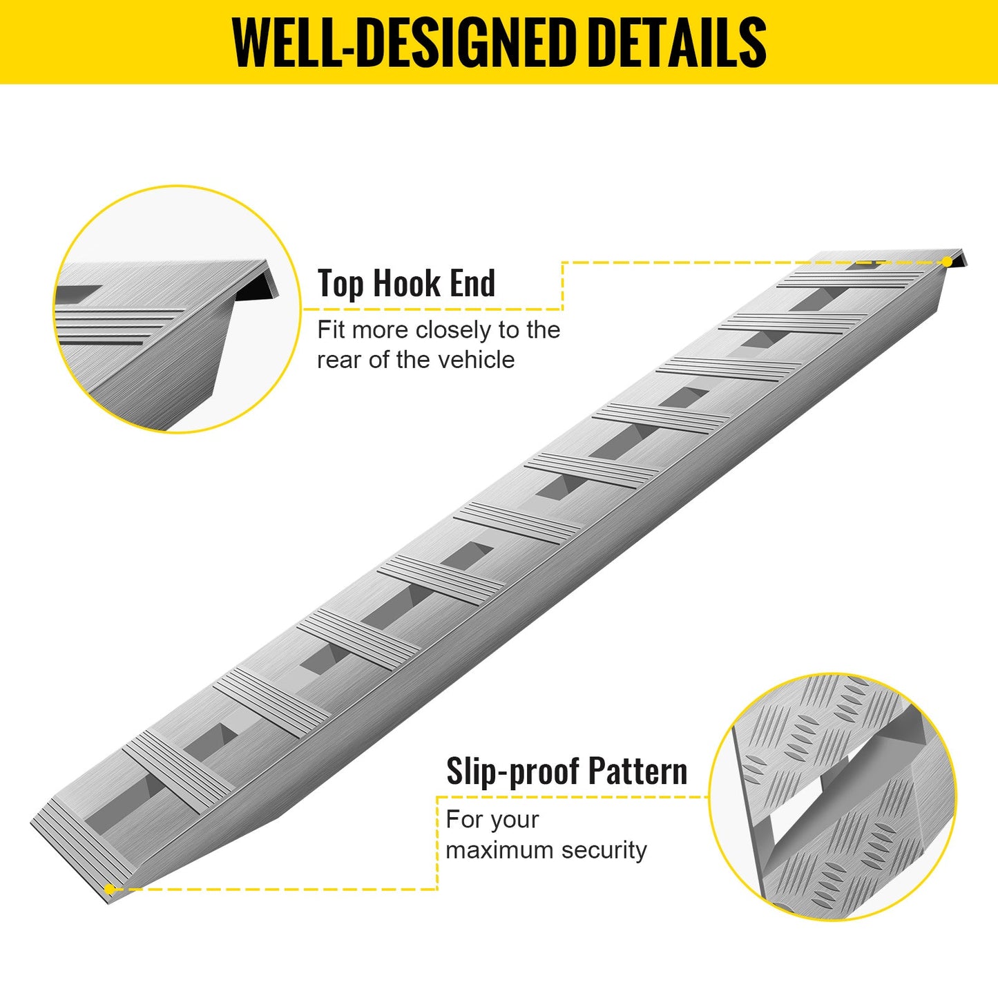 Aluminum trailer ramp with beavertail hook end, slip-proof pattern, and a load capacity of 6000 lbs.