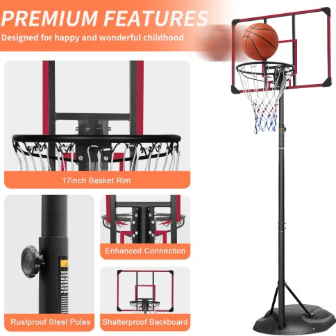 Portable basketball hoop system with height adjustable stand and 32-inch shatterproof backboard, featuring rustproof steel poles and wheels for indoor and outdoor use.