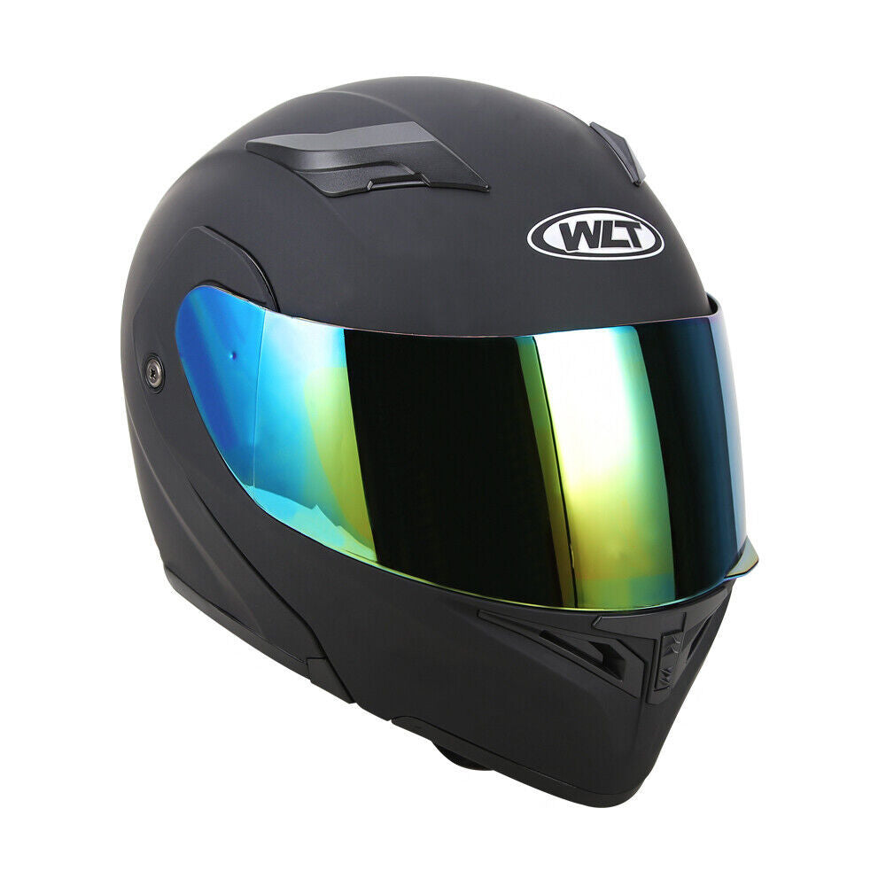 Full face dual visor flip modular motorcycle helmet in matte black with color lens, DOT approved.