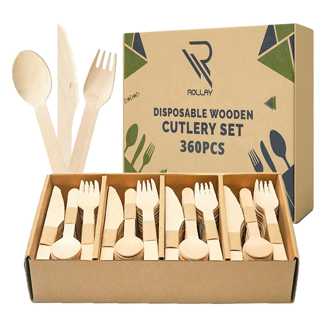 Rollay 360 PCS Disposable Wooden Cutlery Set - Biodegradable Cutlery Set with Wooden Spoons Forks and Knives - Compostable Cutlery Wooden Utensils for Parties Camping and Picnic