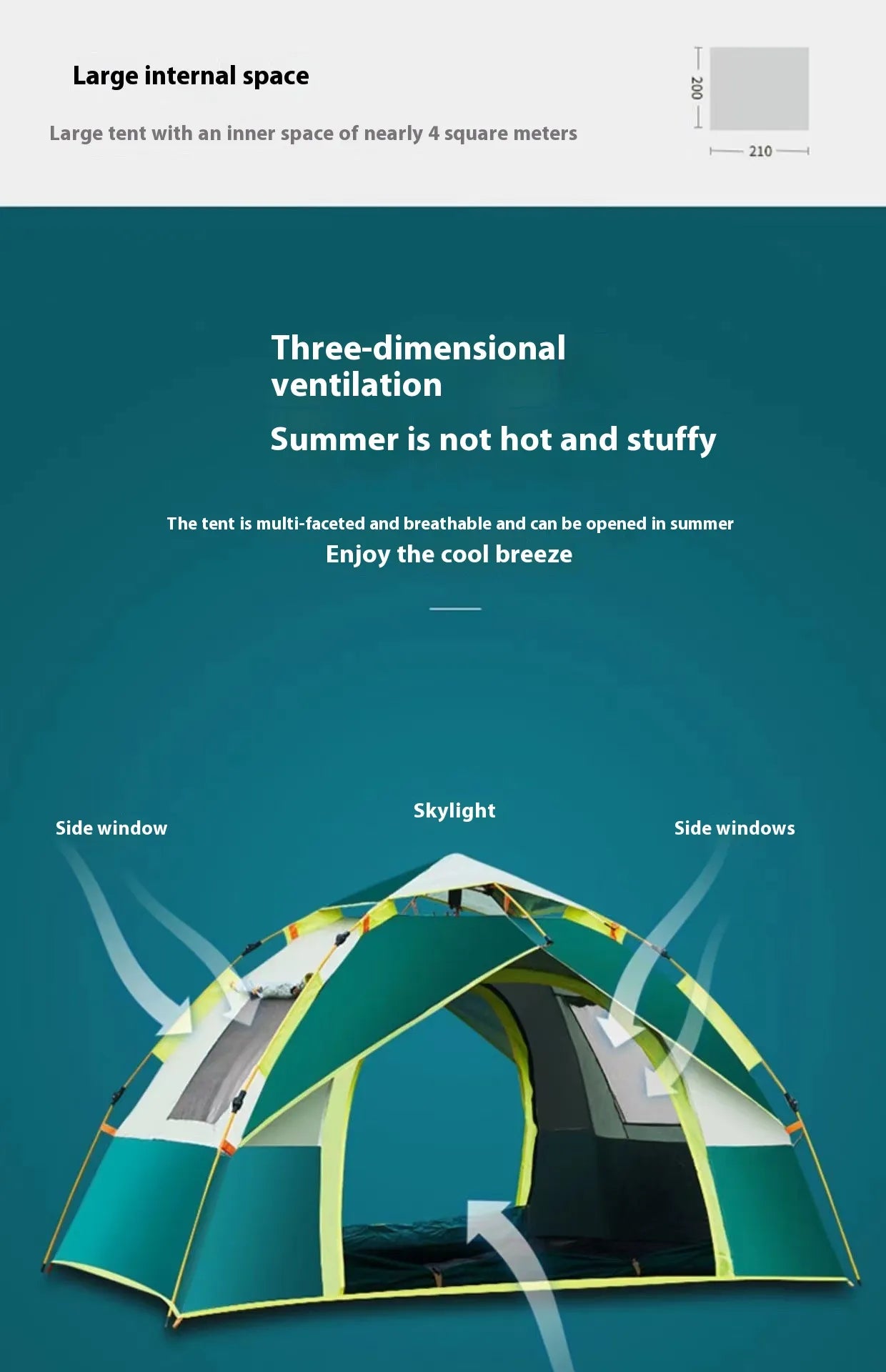 Double automatic camping tent with skylight and side windows for ventilation, large interior, dark green and blue colors.
