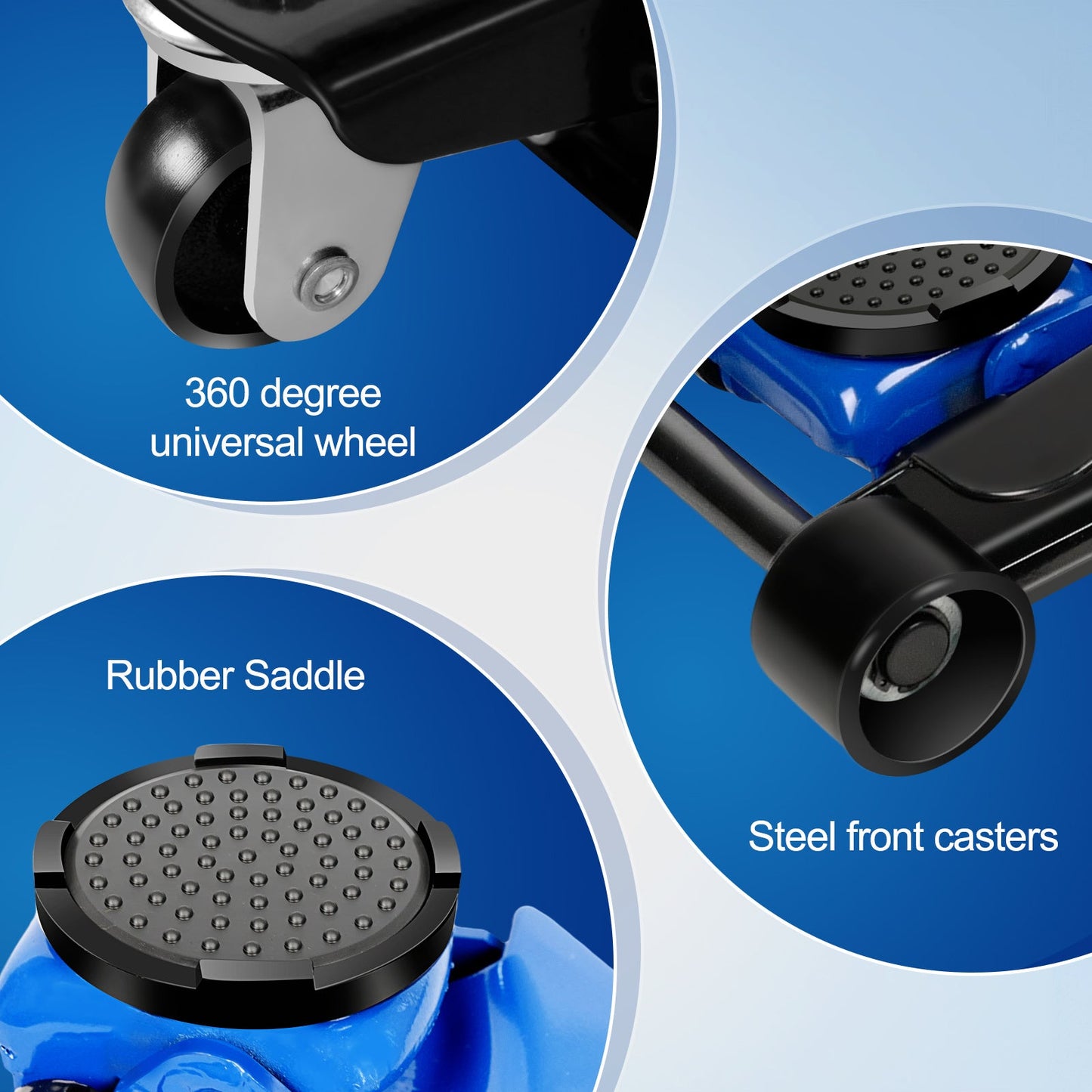 Blue 3 ton low profile floor jack with 360-degree swivel wheel, rubber saddle, and steel front casters.