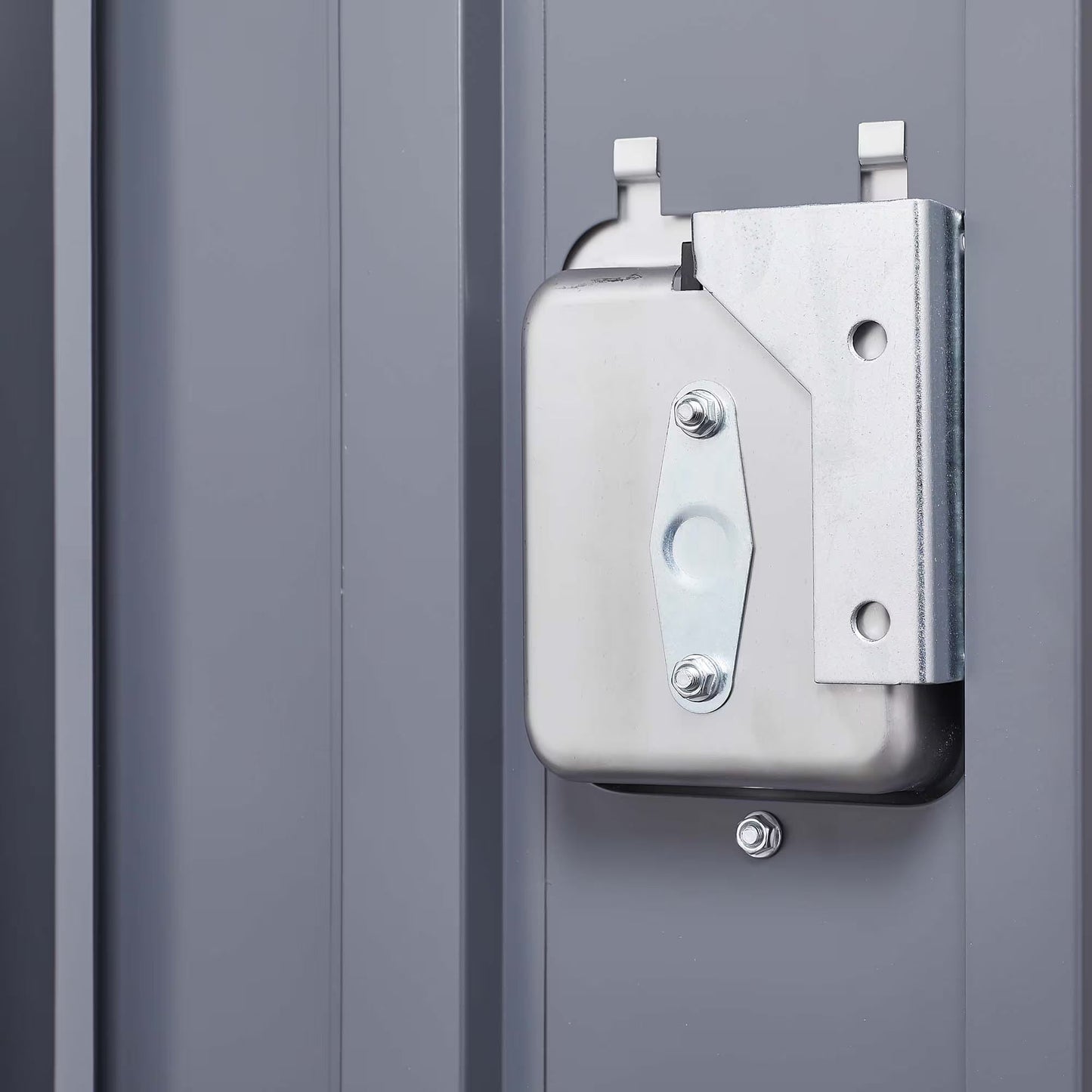 Gray metal locker door with lock mechanism for home, gym, office, school, garage use.