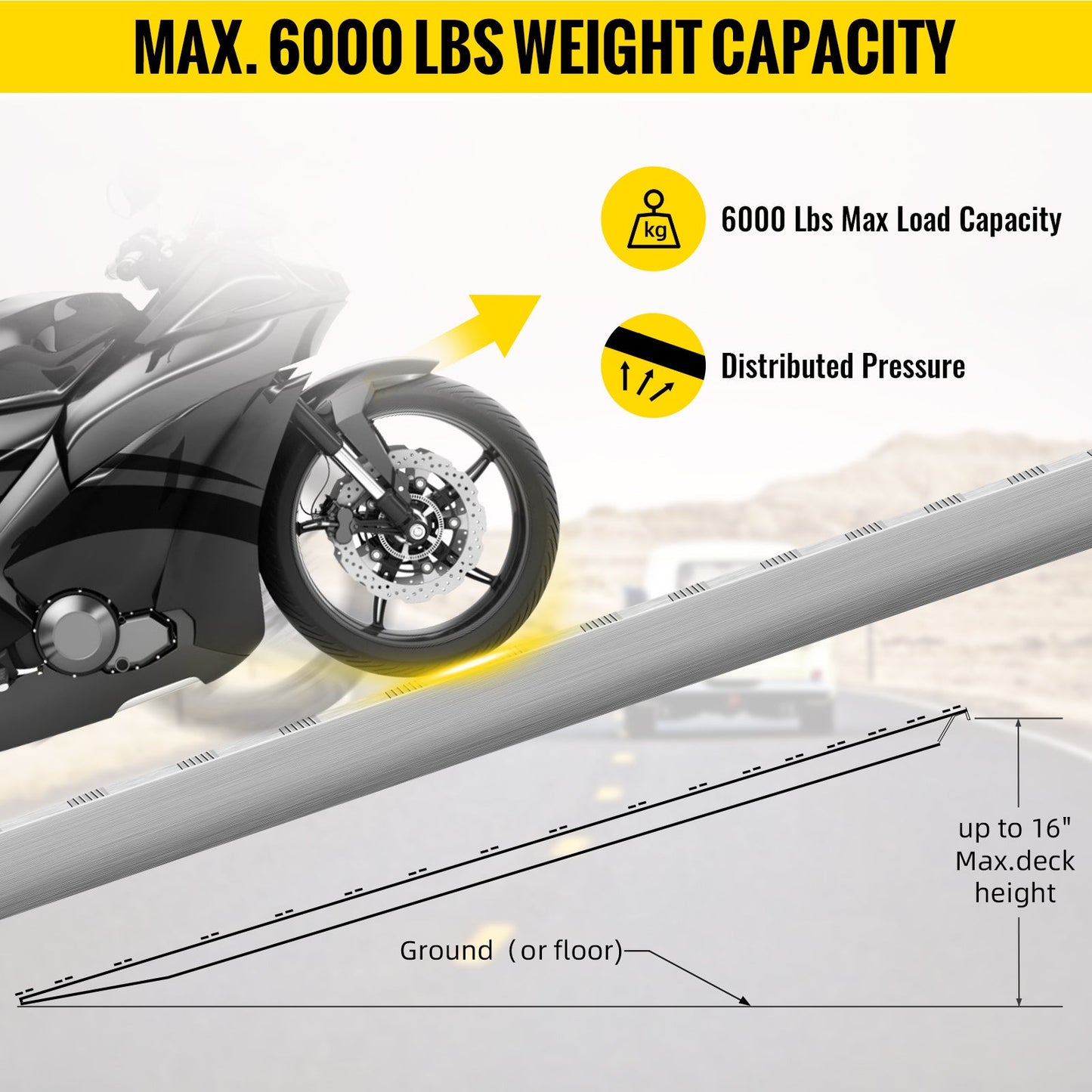 Aluminum trailer ramp with 6000 lbs weight capacity, showing beavertail hook end design and distributed pressure features.