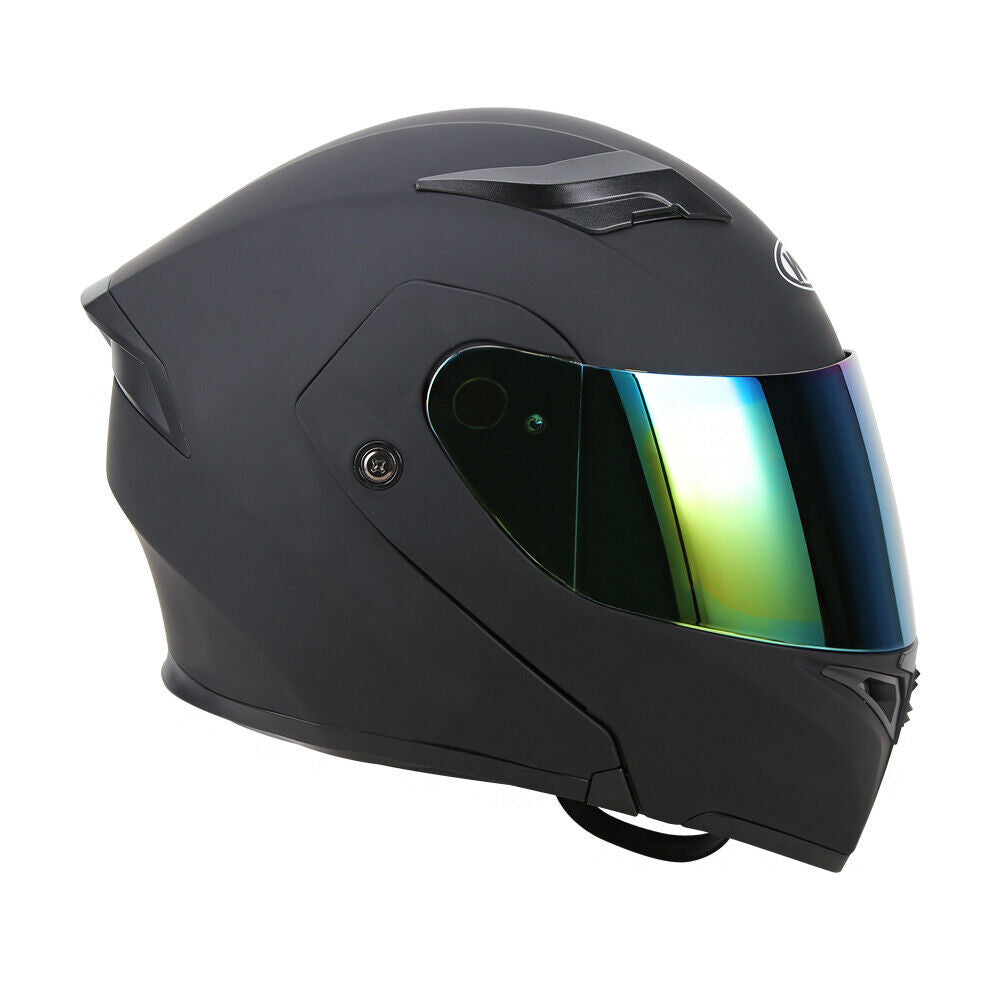 Full Face Dual Visor Flip Moto Helmet, Matte Black, Modular Motorcycle Helmet with Color Lens.