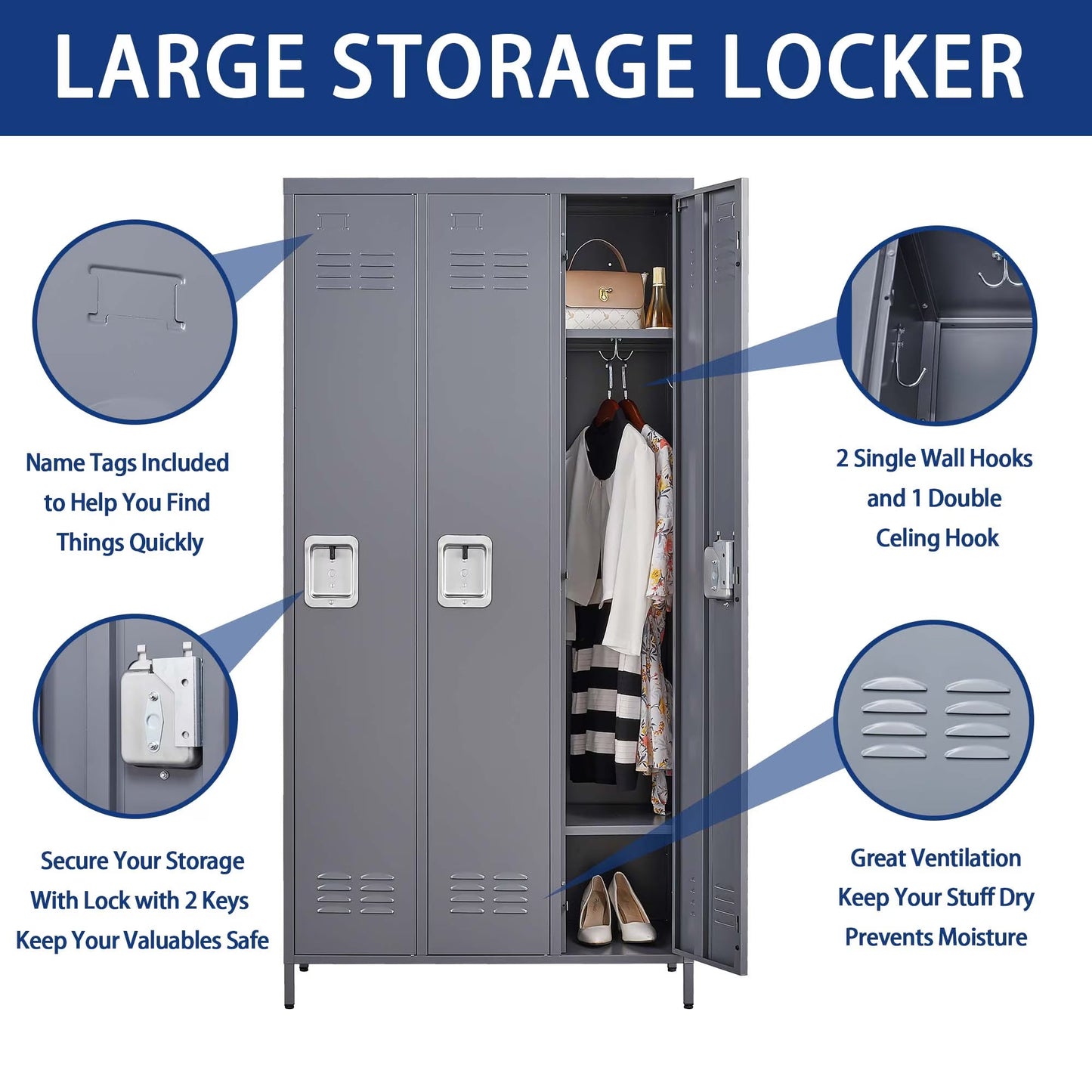 Large gray metal storage locker with 72-inch high locks, featuring three doors and multiple compartments for home gym, office, school, or garage use.