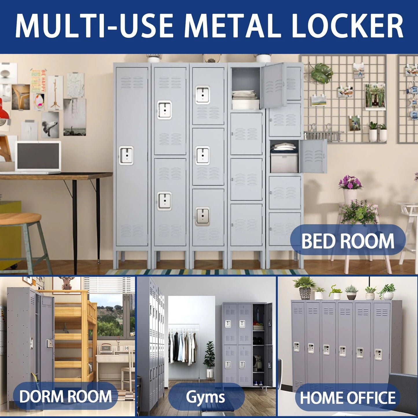 Multi-use metal lockers for home, gym, office, school, or garage in gray.