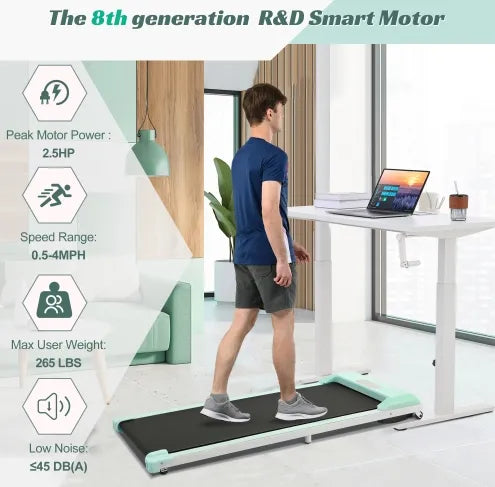 Under desk electric treadmill with 2.5HP motor and LED display for workspace fitness.