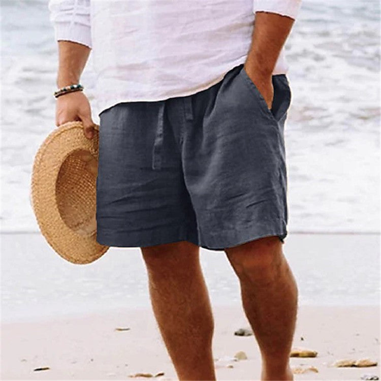 Men's shorts cotton hemp summer drawstring elastic waist straight legs Solid color comfortable breathable short daily beach