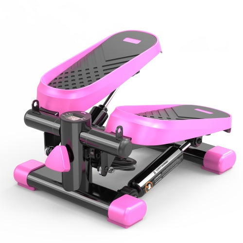 Home Office Exercise 330LBS Capacity Mini Stepper with Resistance Bands and LCD Monitor in pink and black.