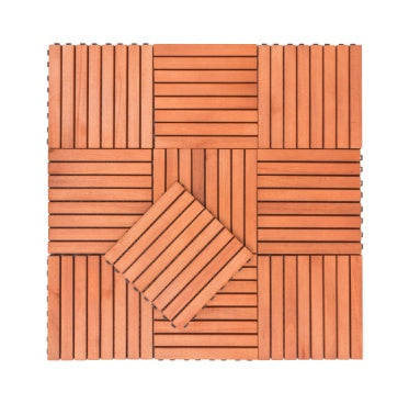 Eucalyptus wooden interlocking deck tiles with eight-slat pattern.