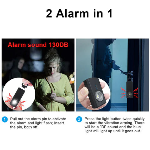 Personal Security Alarm with 130dB sound, vibration sensor, LED light, and door knob attachment for personal safety.