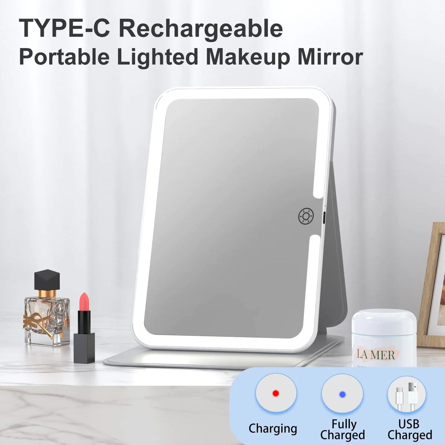Rechargeable Travel Lighted Makeup Mirror with PU Leather Cover, Portable Travel Makeup Mirror with lights, 3 Color Lighting,Touch Sensor Dimmable, Light Up Tabletop Folding Cosmetic Mirror Colorful Colorful With Pu Cover
