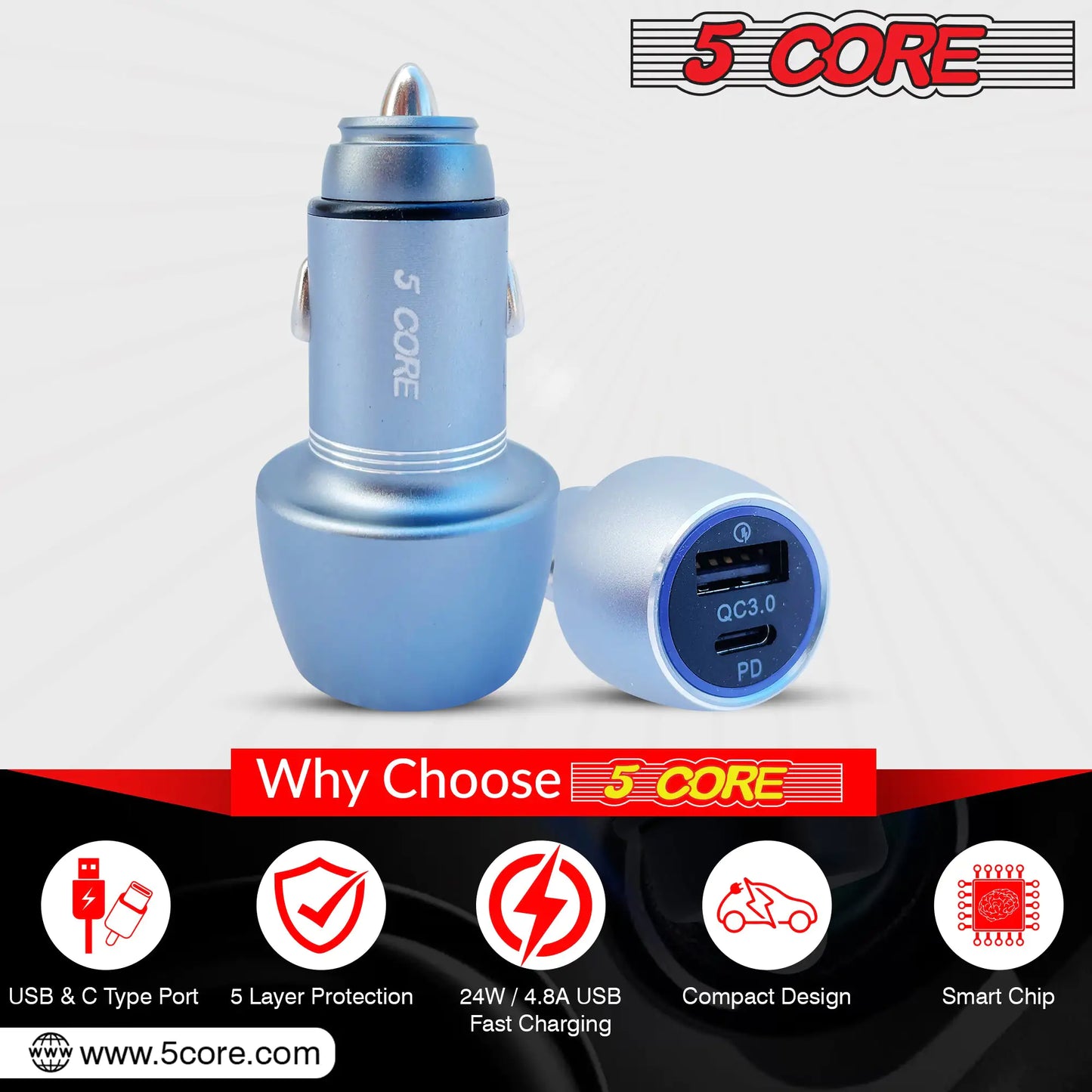 5Core USB Car Charger 36W Type C Cigarette Lighter Adapter Outlet Fast Charging - Anti Spier