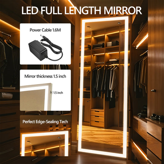 60x16 Inch Full Length Mirror with Lights, Full Body Dressing Standing, Hanging Mounted Mirror for Living Room Bedroom Cloakroom, Square Black by Dropsure