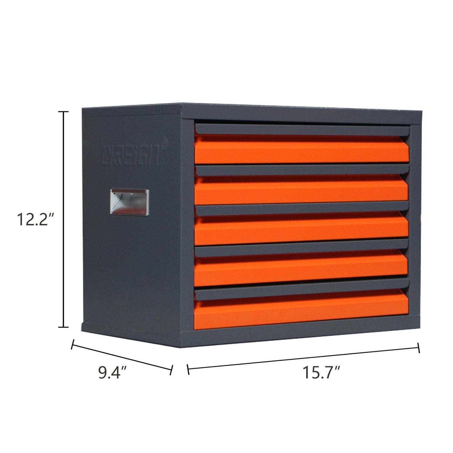 Metal-coated storage locker with orange drawers, cement grey finish; dimensions: 15.7"L x 9.4"W x 12.2"H.
