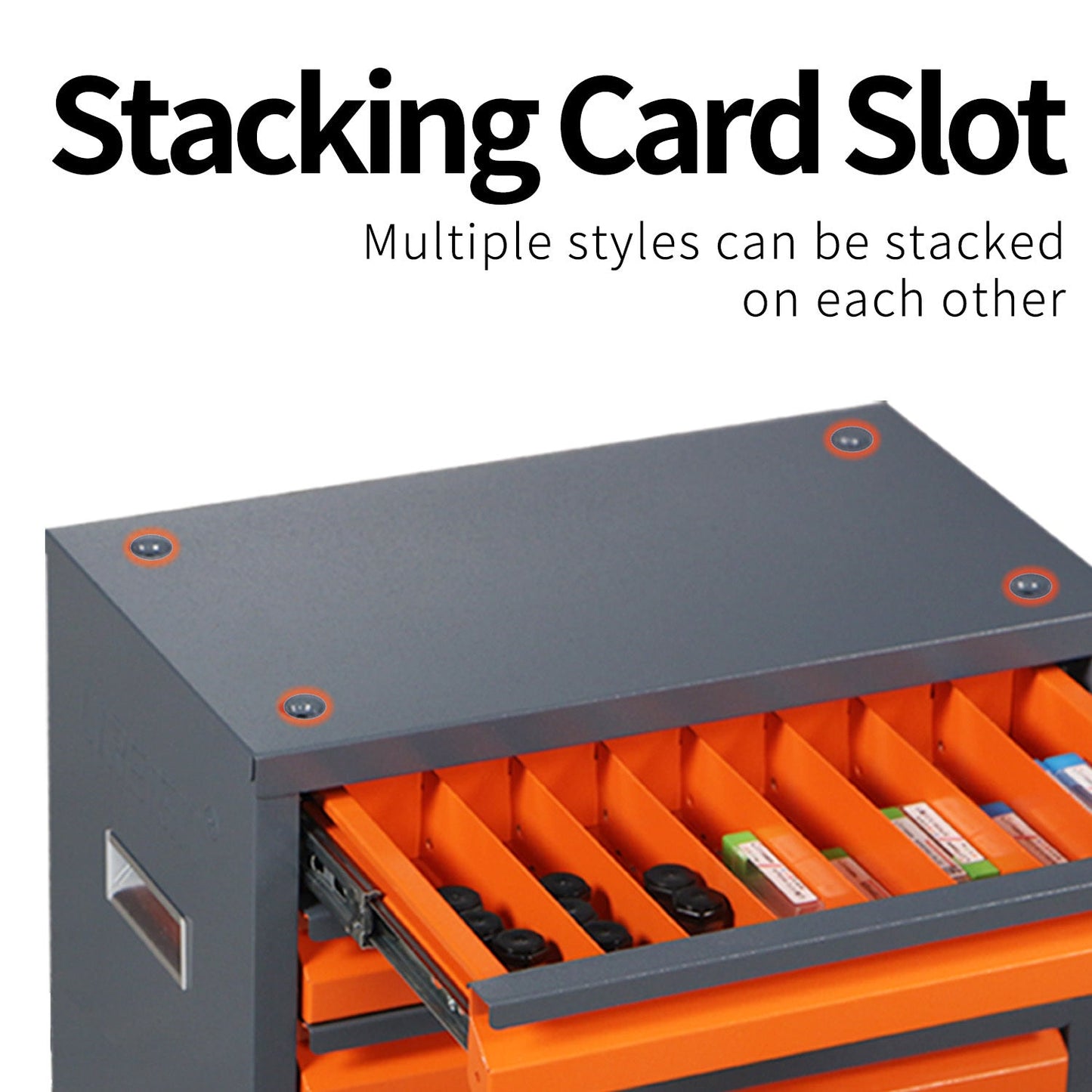 Metal-coated parts storage locker with stacking card slot design and orange compartments.