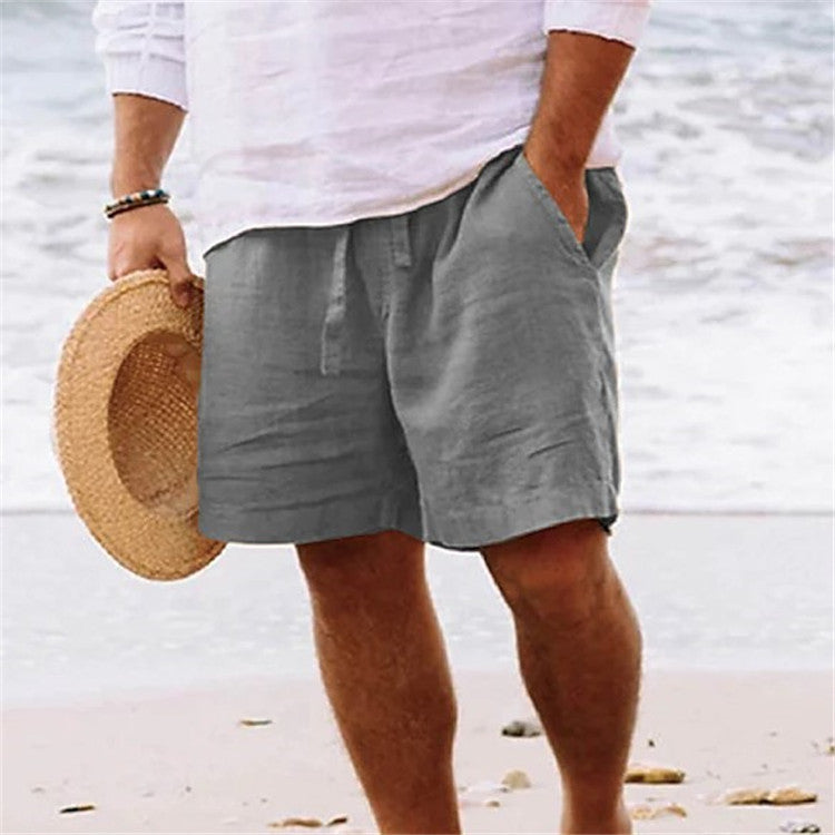 Men's shorts cotton hemp summer drawstring elastic waist straight legs Solid color comfortable breathable short daily beach
